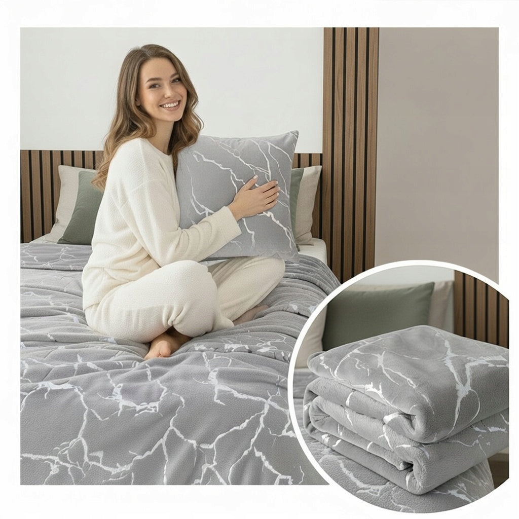 Blanket Marble with Silver Application Pled Soft Plush Bedspread Grey 160x200