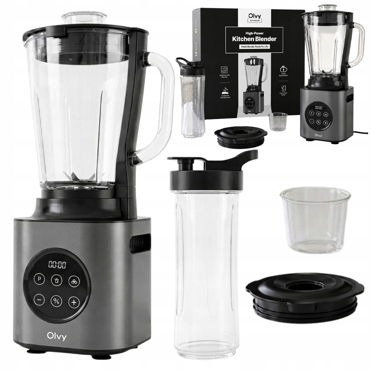 Blender Mikser Olvy Szklany 900W 1,5L Tritan Pulse Do Smoothie Z Kubkiem