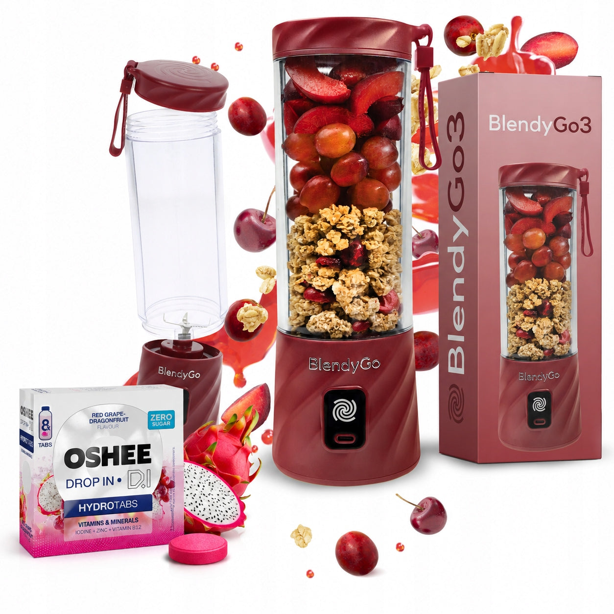 BlendyGo 3 WIRELESS USB Burgundy BLENDER + 8pcs HYDROTABS