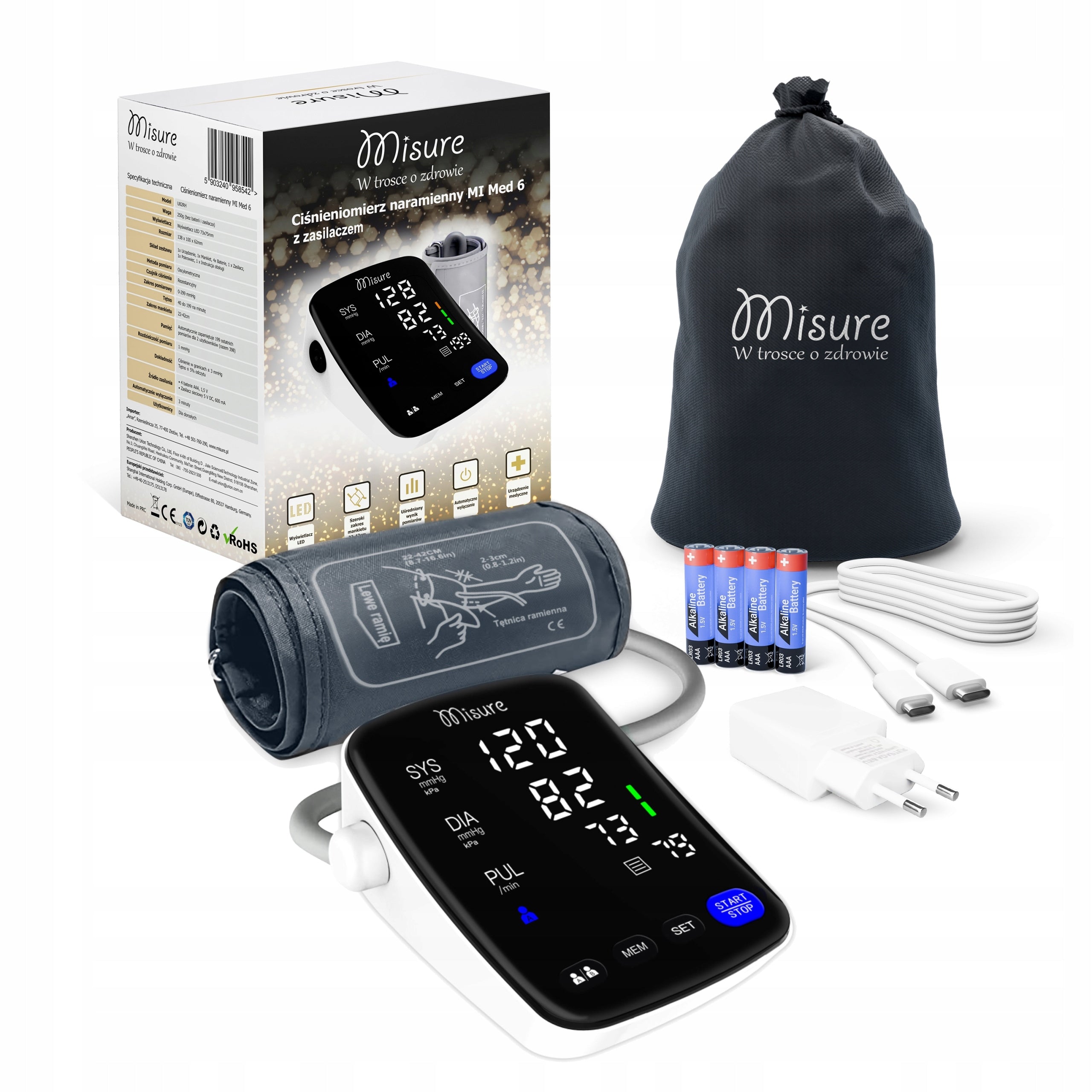 Blood Pressure Monitor Misure MI Med 6 Arrhythmia Speaks in Polish LED Power Supply USB Case