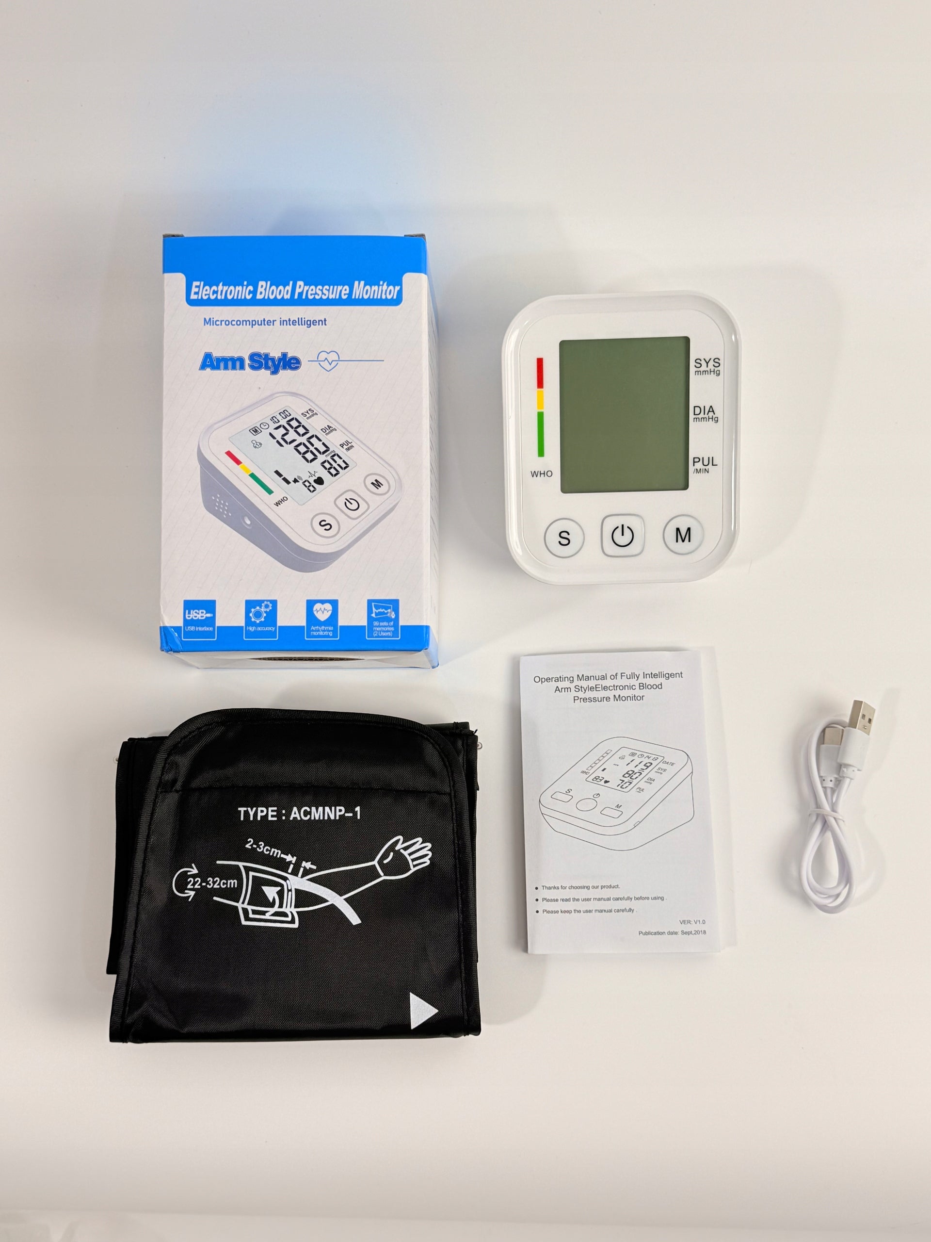 Blood pressure monitor with arrhythmia detection, comfortable, USB powered Packaging status original