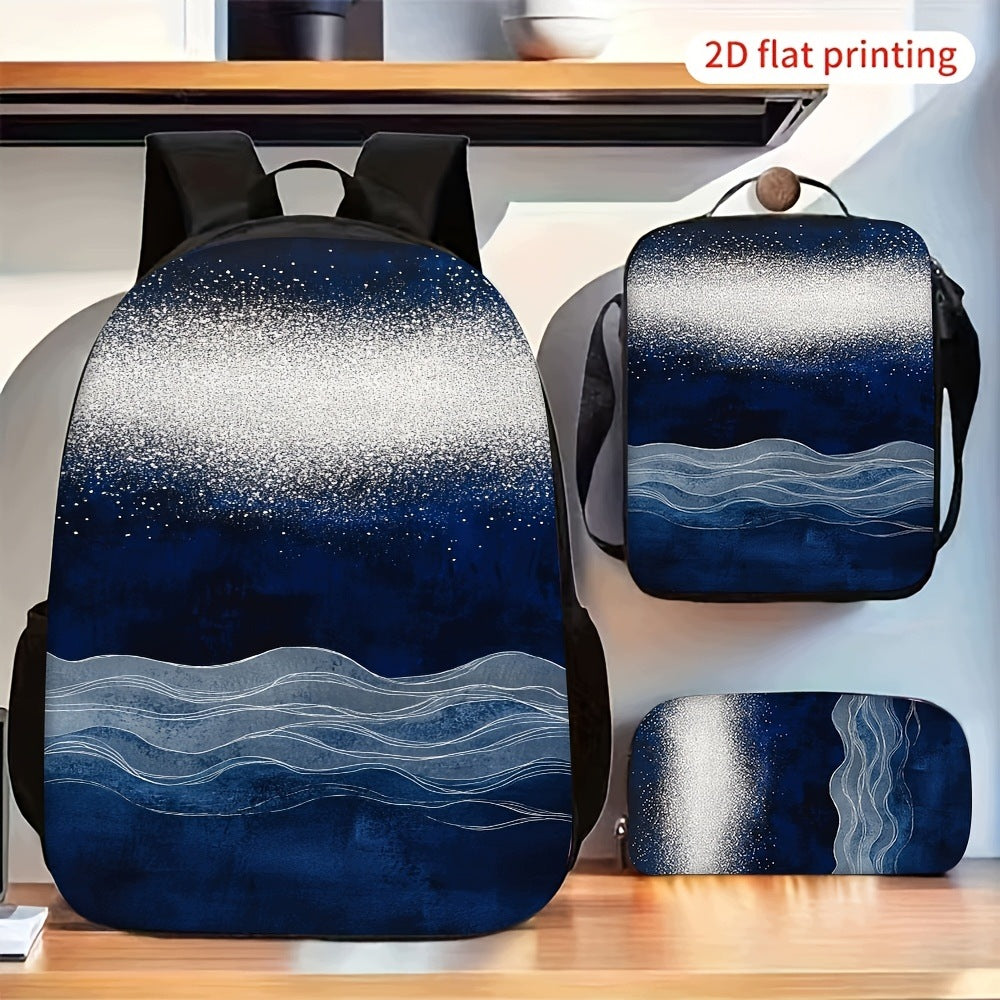 Blue Abstract Wave Sand Pattern Backpack Set with 2D Flat Printing