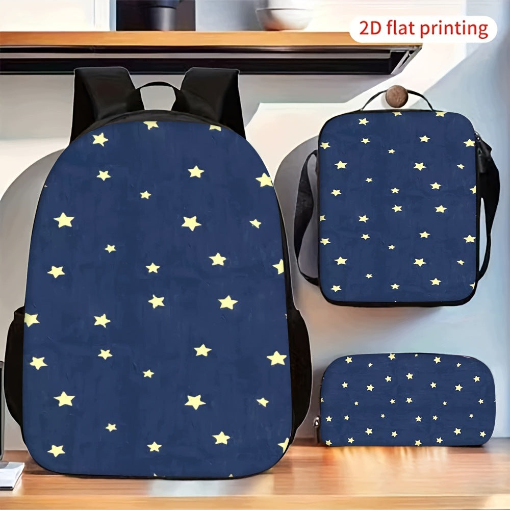 Blue Backpack with Yellow Star Pattern, Shoulder Bag, Pencil Case Set