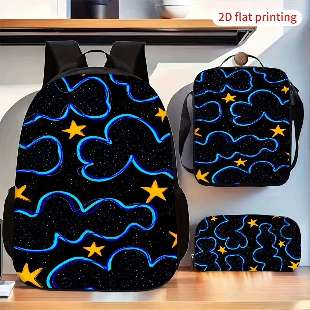 Blue Cloud Yellow Star Pattern Backpack with Crossbody Bag and Pencil Case