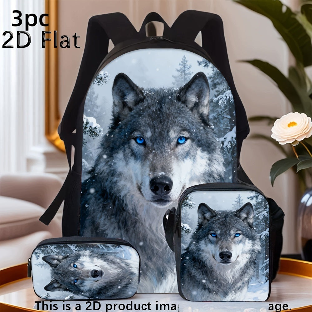 Blue-Eyed Snow Wolf Print 3-Piece Backpack Set: Includes Backpack, Crossbody Bag, and Pencil Case