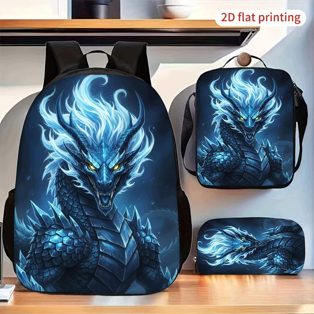 Blue Ice Dragon Print 3-Piece Backpack Set with Lightweight, Adjustable Straps