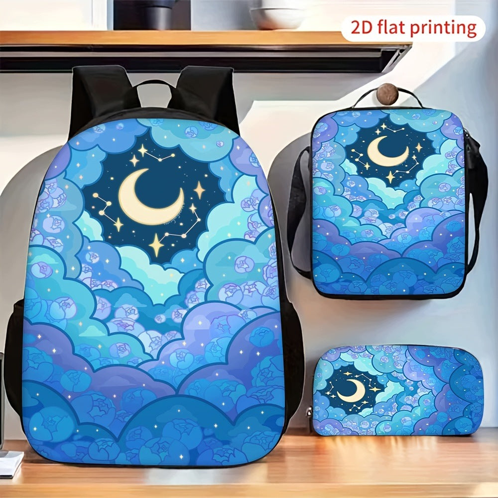 Blue Night Crescent Moon Star Cloud Pattern Backpack Set with Lunch Bag