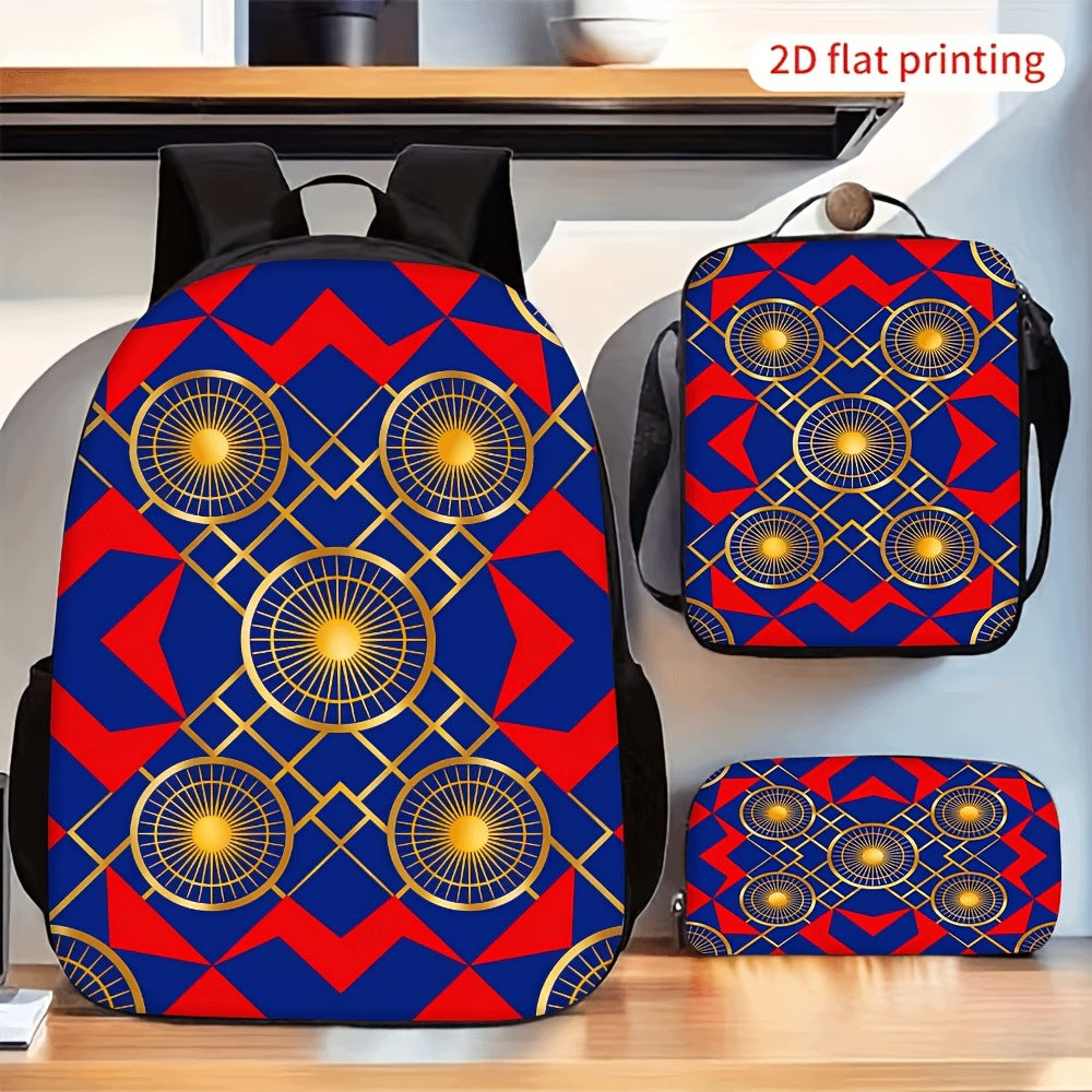 Blue Red Golden Geometric Sun Backpack Set with Crossbody Case