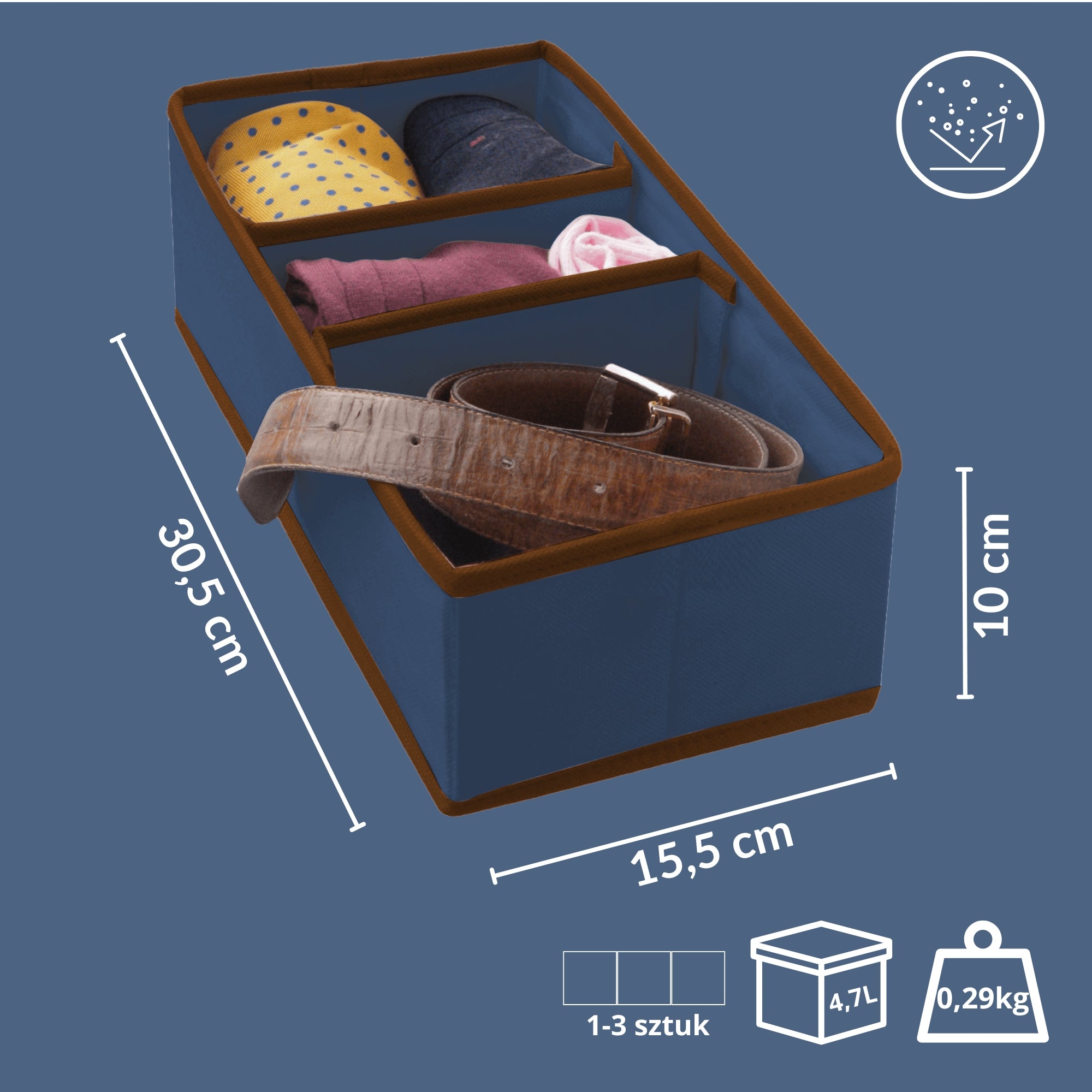 Blue drawer organizer 3 compartments 30,5x15,5x10cm foldable, lightweight Manufacturer code organizer szuflady, na biżuterie skarpetki