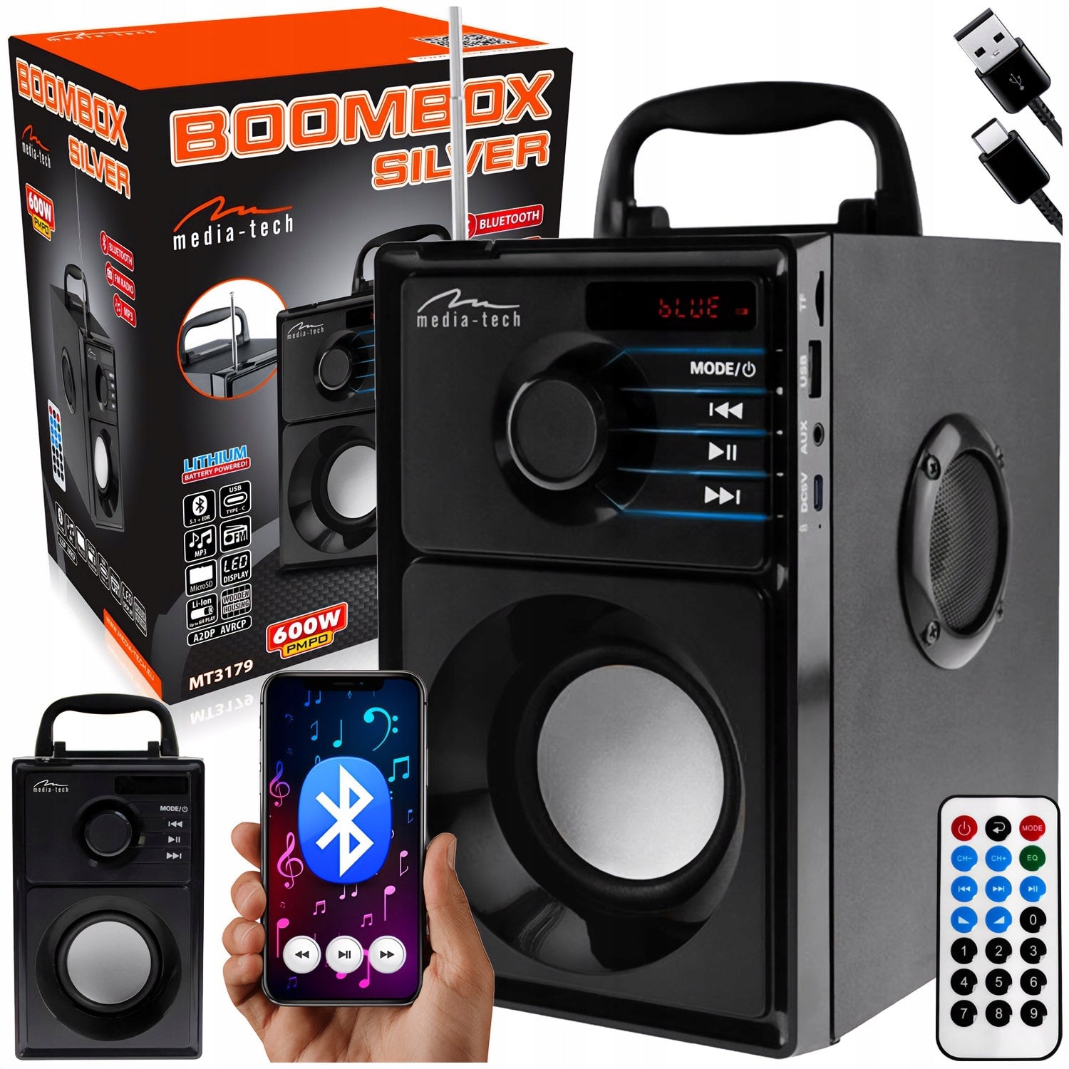 Bluetooth 5.1 BOOMBOX portable speaker + Media-tech MT3179 FM MP3 USB remote control