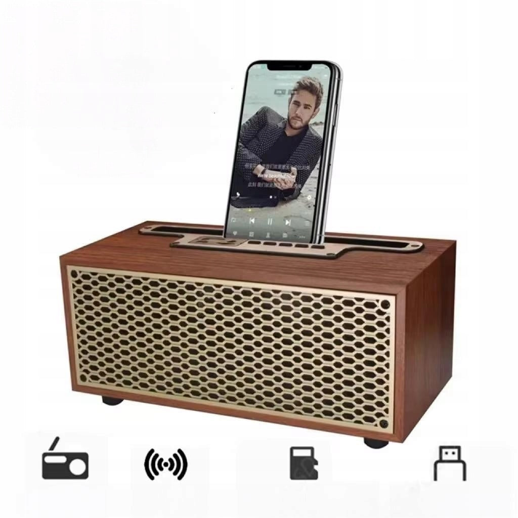 Bluetooth Speaker Retro Wooden FM Radio AM Subwoofer Phone Stand