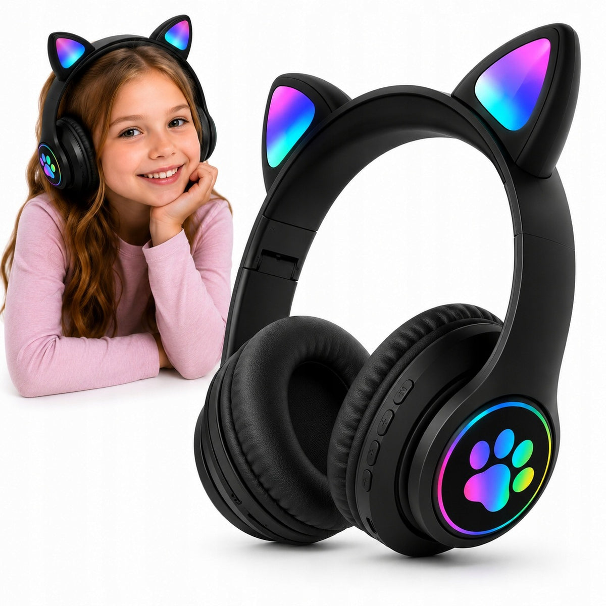 Bluetooth Wireless Headphones for Kids Cat Ears LED Microphone TF AUX