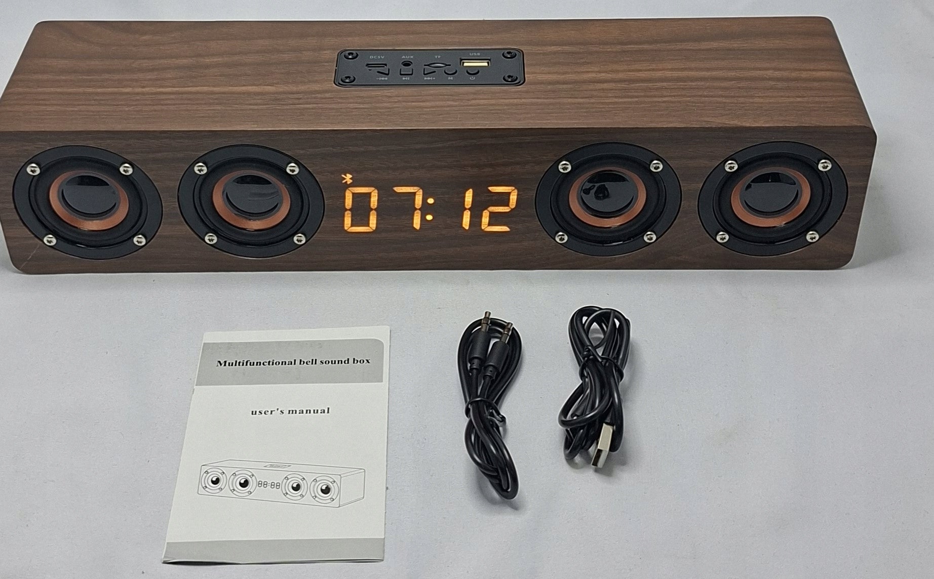 Bluetooth speaker with clock, wooden case, model W8C, walnut color