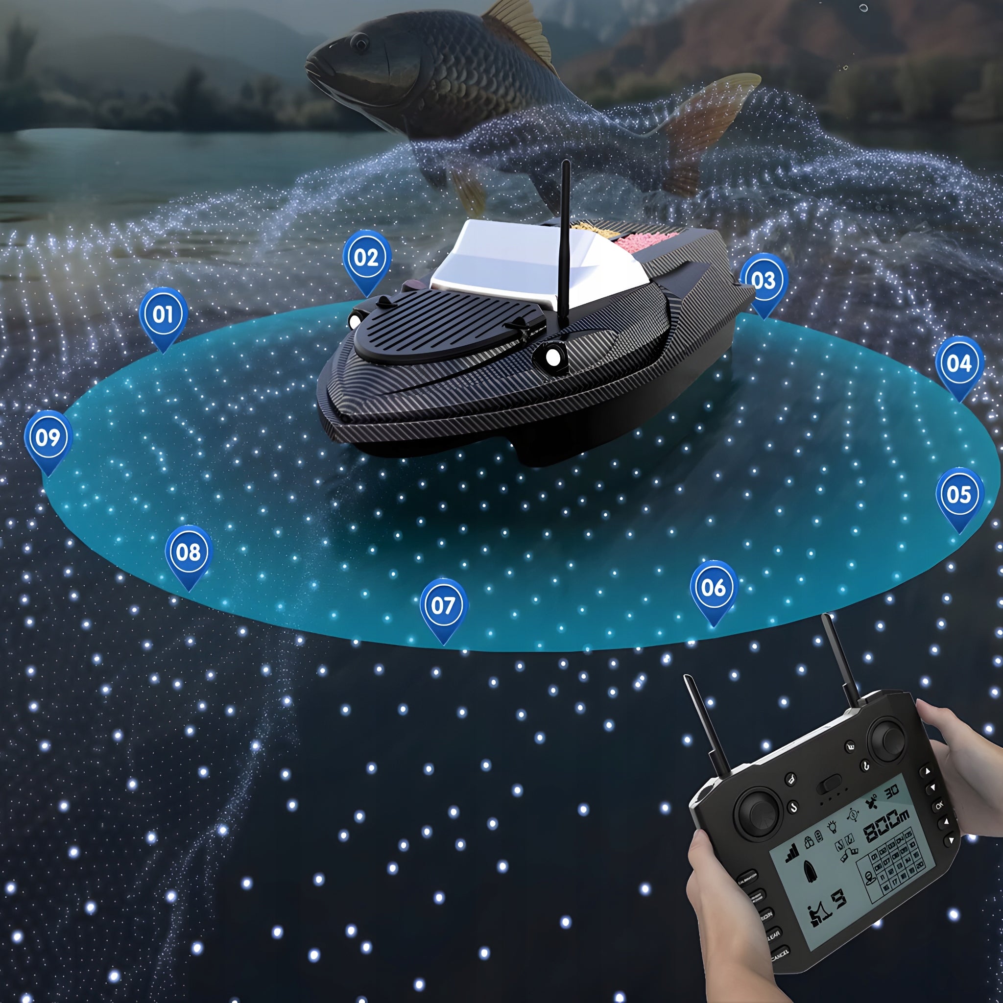 Boat Flytec V080 GPS Sounder Feeder 3kg Battery 20Ah 15km/h Model V080 + ECHOSONDA + TORBA GPS800