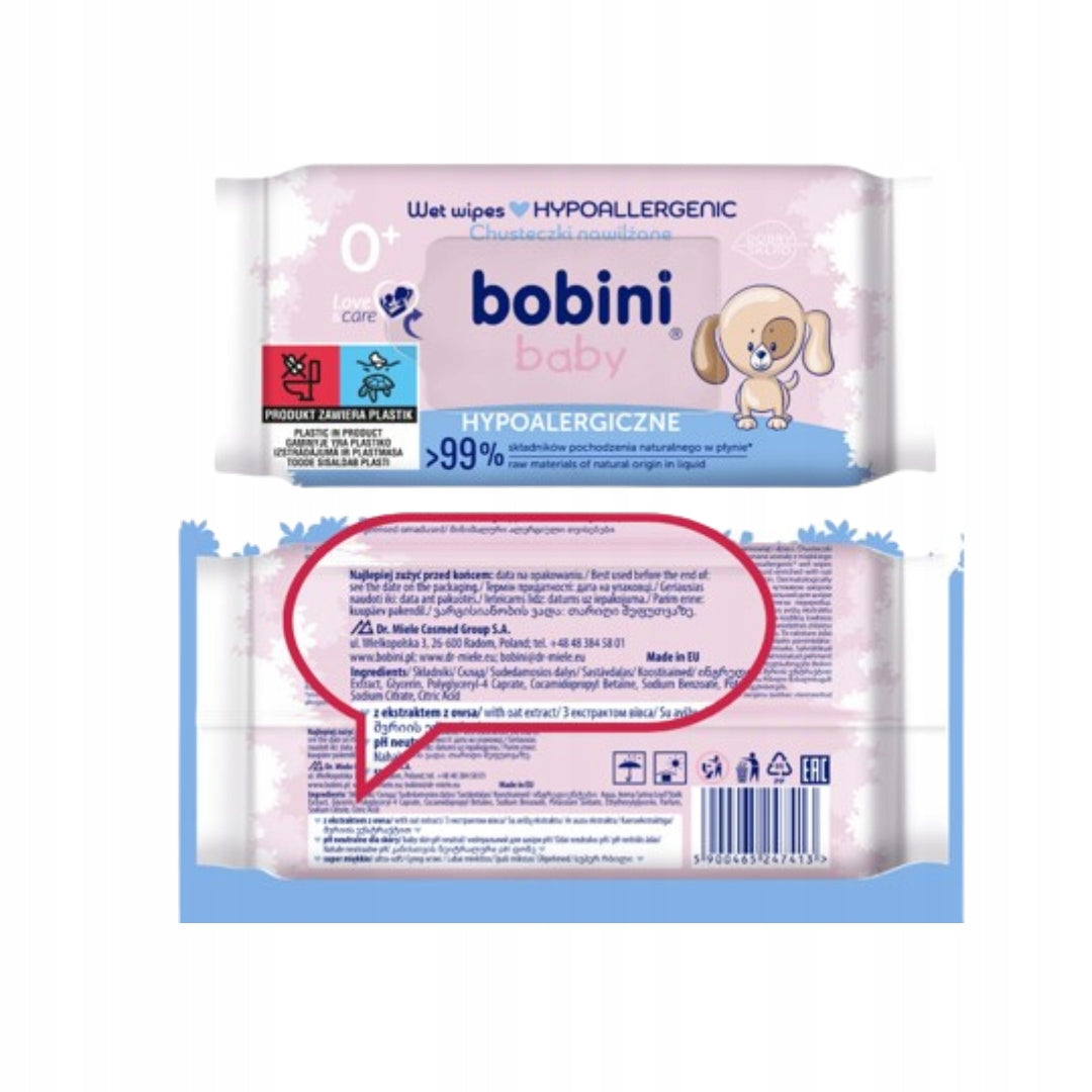 Bobini Baby Hypoallergenic Moisturized Wipes for Children 24 op Packaging status original