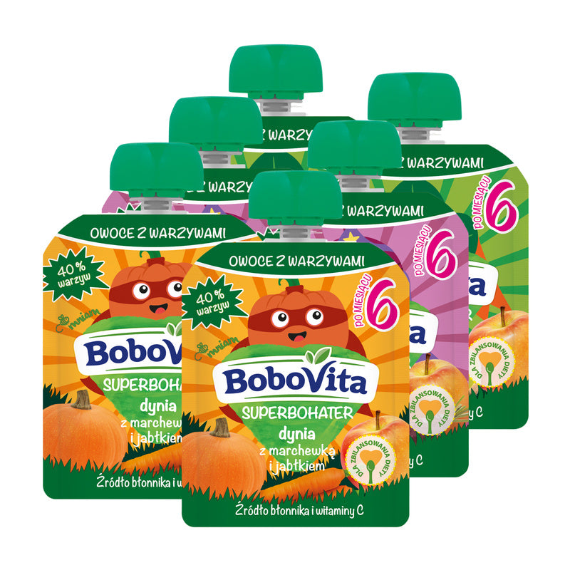 BoboVita Superhero Vegetable Fruit Mousses MIX FLAVORS SET 6 x 80 g