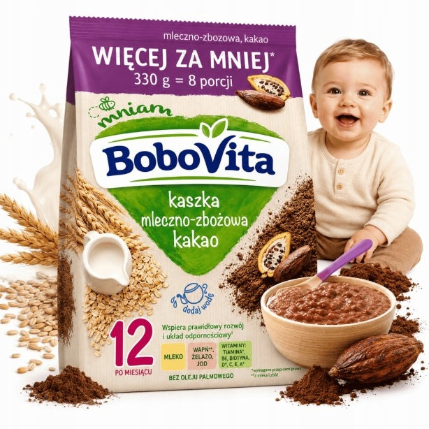 BoboVita cocoa milk porridge after 12 months More for less 330g