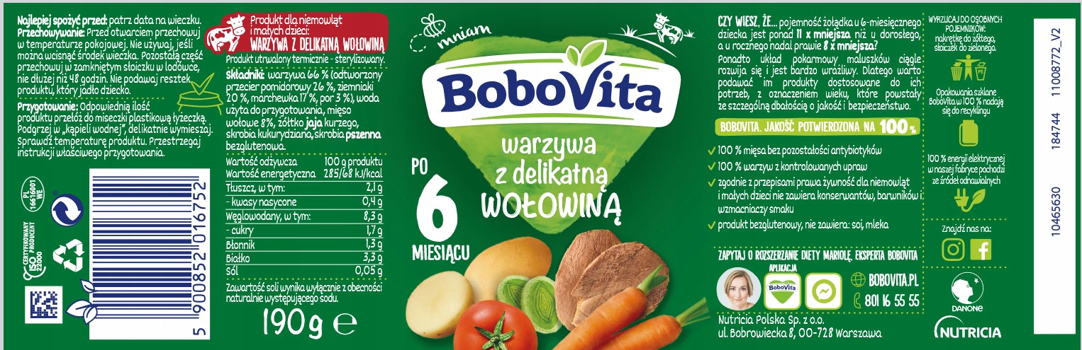Bobovita dinner Vegetables with delicate beef for babies after 6m 190g Medical device no