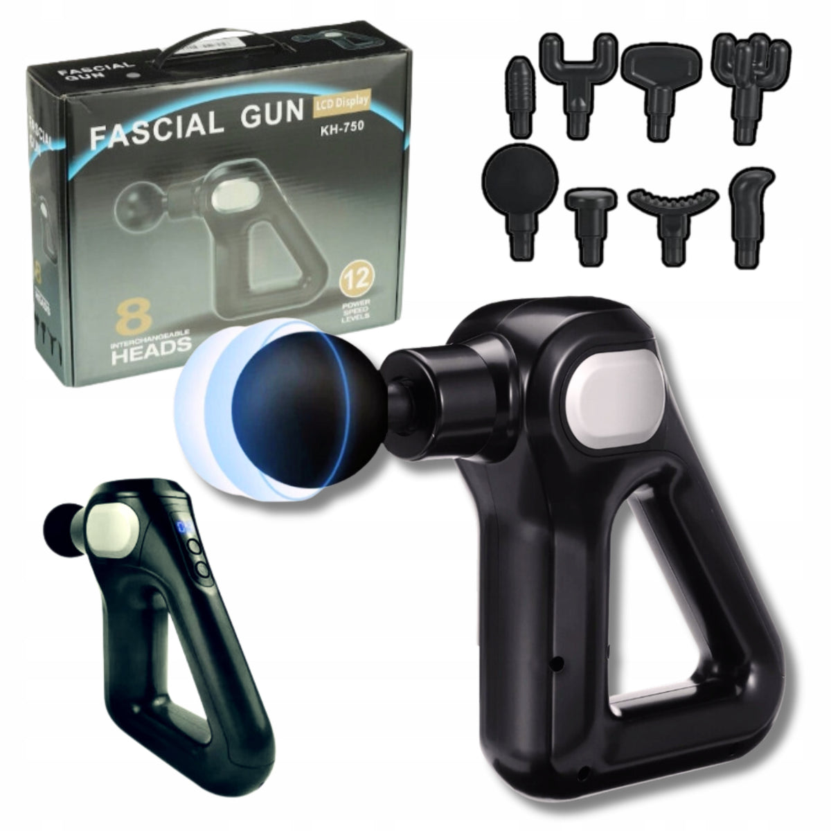 Body Massager Gun 12 Modes Spacious Battery - 8 Tips - Black Medical device no