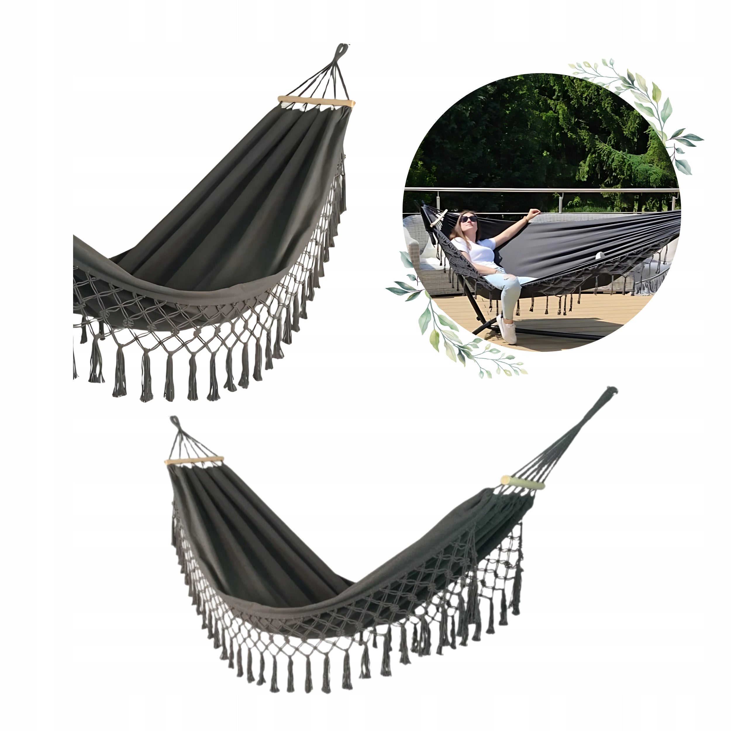 Boho Garden Hammock Black with Tassels Decorative 200x150 Large Strong DH02 Manufacturer code Hamak Boho Czarny XL Makrama