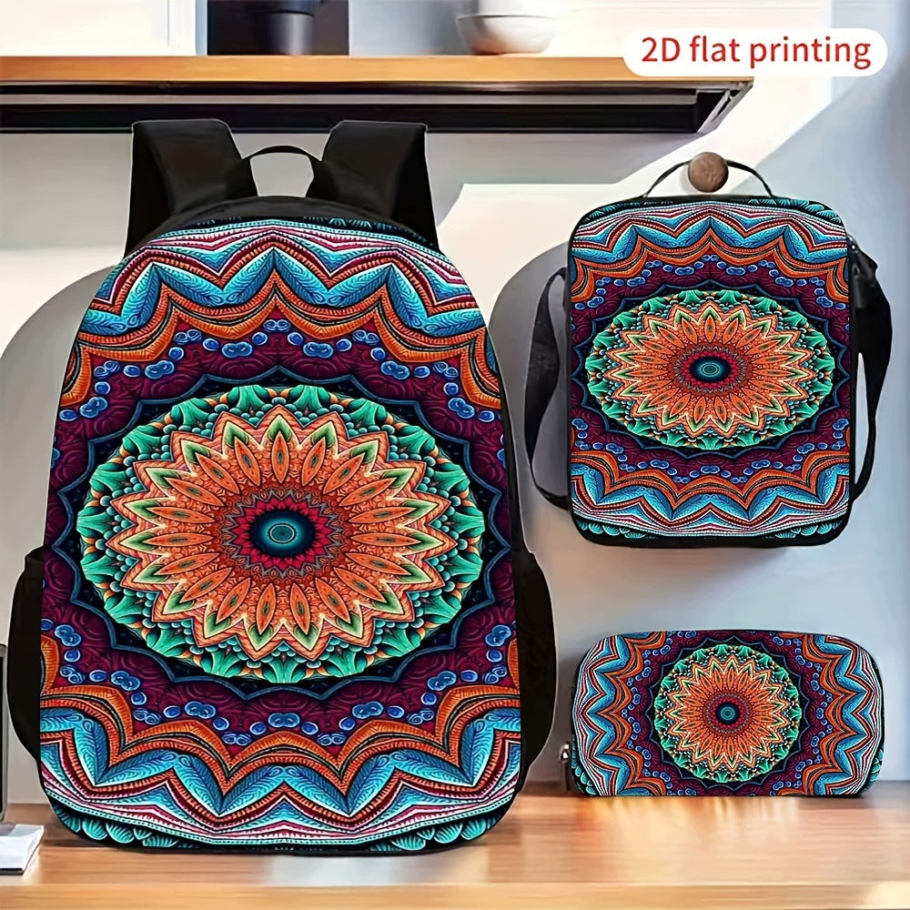 Boho Symmetric Mandala Pattern 3pc Backpack Set with Crossbody Bag and Pencil Pouch