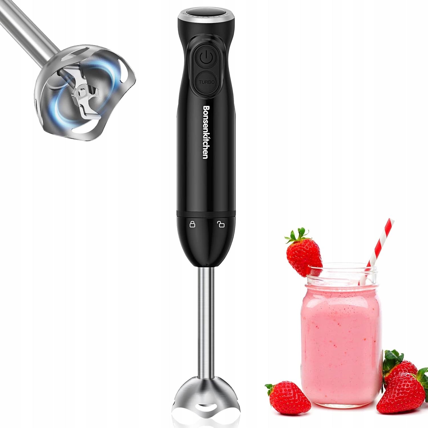 Bonsenkitchen Hand Blender 1000W Smoothie Puree AutoStop Black HB320