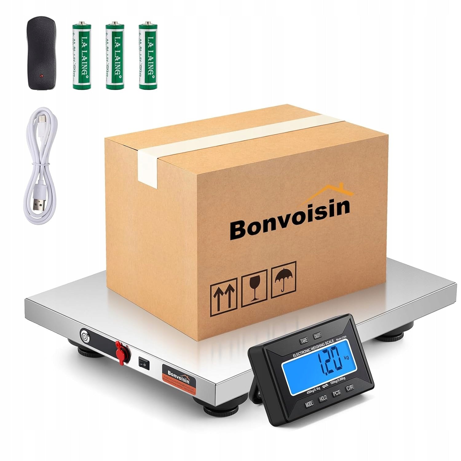 Bonvoisin wireless parcel scale 450 kg LCD range 10 m tare counting