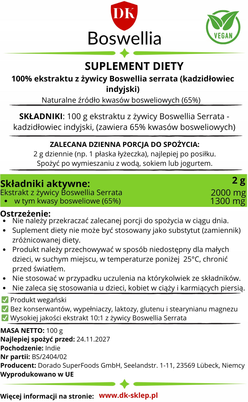 Boswellia Serrata 100 g Boswellia Powder Joints Bones Efficiency Movement Brand DK-Nature