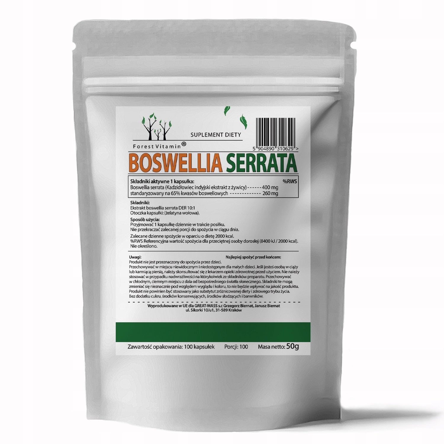 Boswellia Serrata 400mg 100caps BONE JOINTS MUSCLES Indian frankincense Manufacturer code BOSWELLIA SERRATA 400 mg KADZIDŁOWIEC STAWY