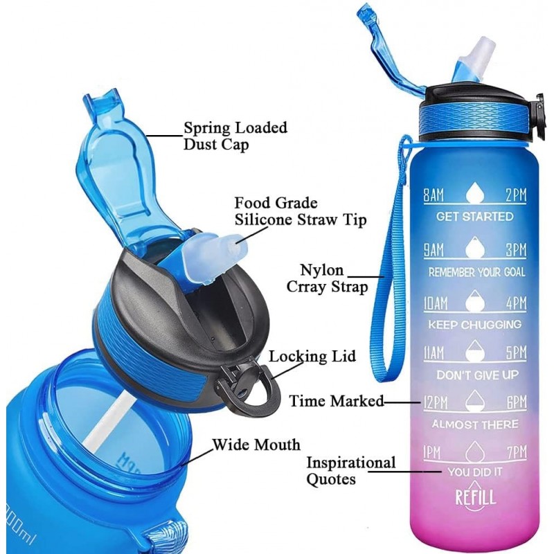 Bottle Motivational Water Bottle Ombre Mouthpiece Straw 1l Blue-fuchsia Brand no brand
