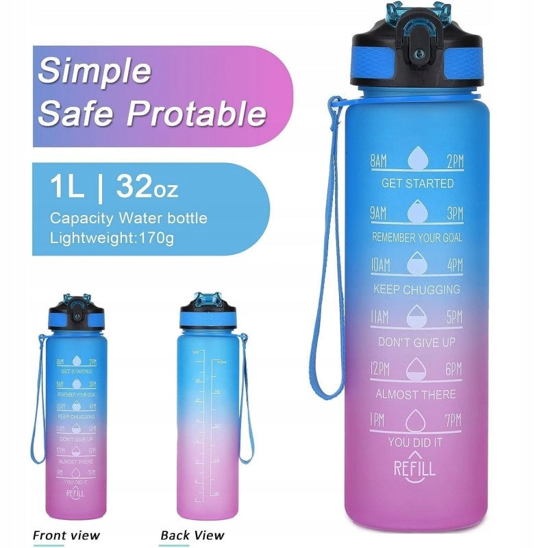 Bottle Motivational Water Bottle Ombre Mouthpiece Straw 1l Blue-fuchsia Color blue
