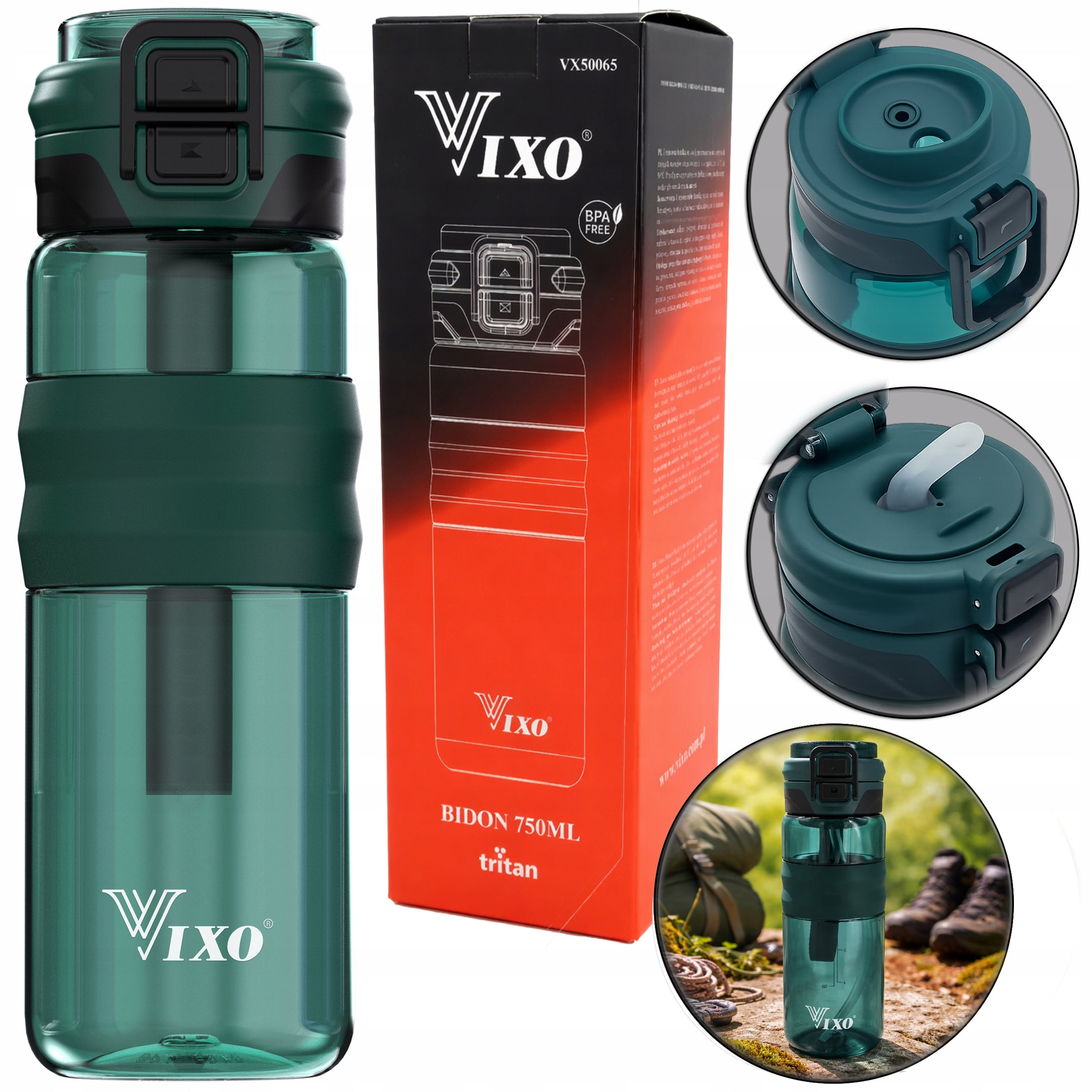 Bottle VIXO 750ml Tritan BPA Free 2in1 Mouthpiece + Straw Strainer Lanyard Bottle