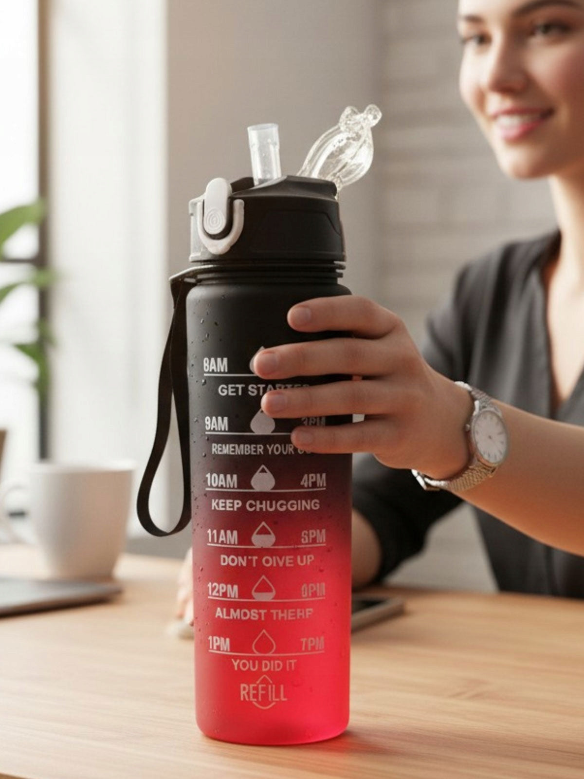 Bottle Water Bottle 900 ml Straw Holder Measure Motivational Red Volume 900 ml