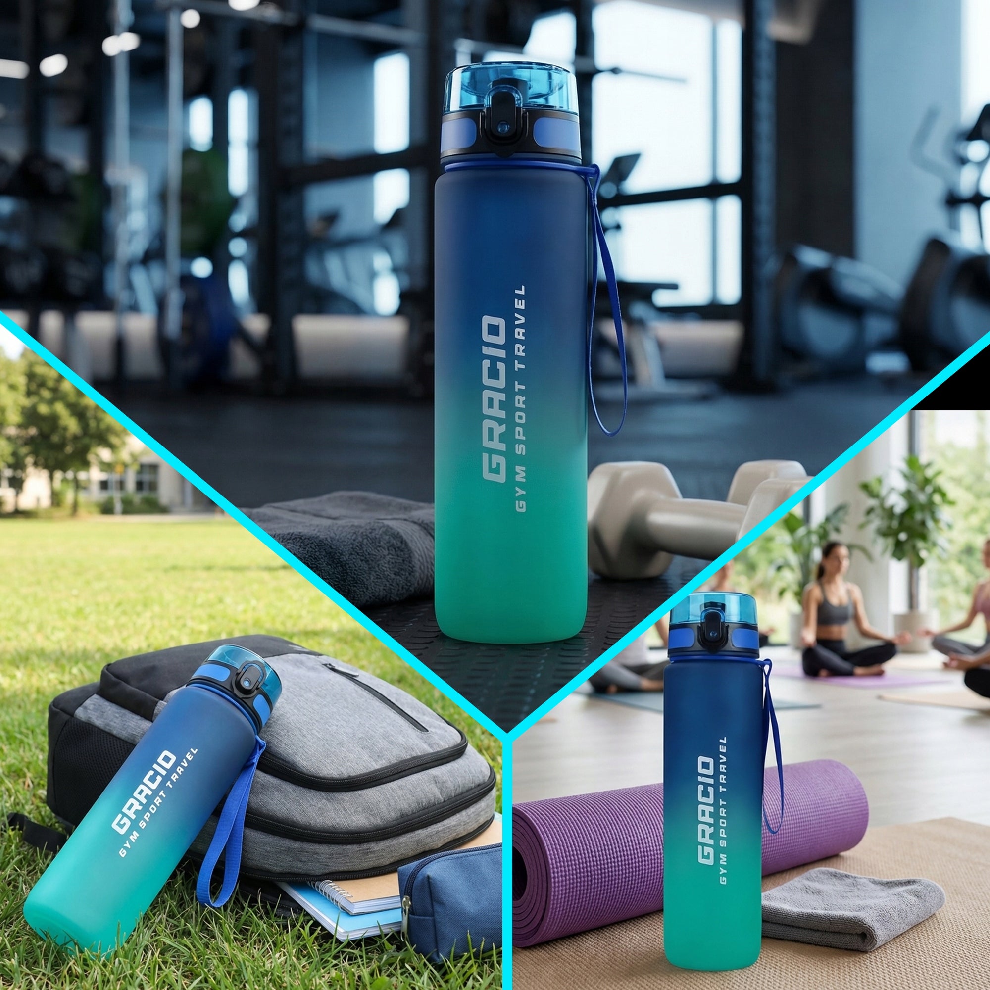 Bottle Water Bottle Tritan 1000 Tight Sport Gym BPA FREE GRACIO Model GRC-HY-003-1L-Navy-Green