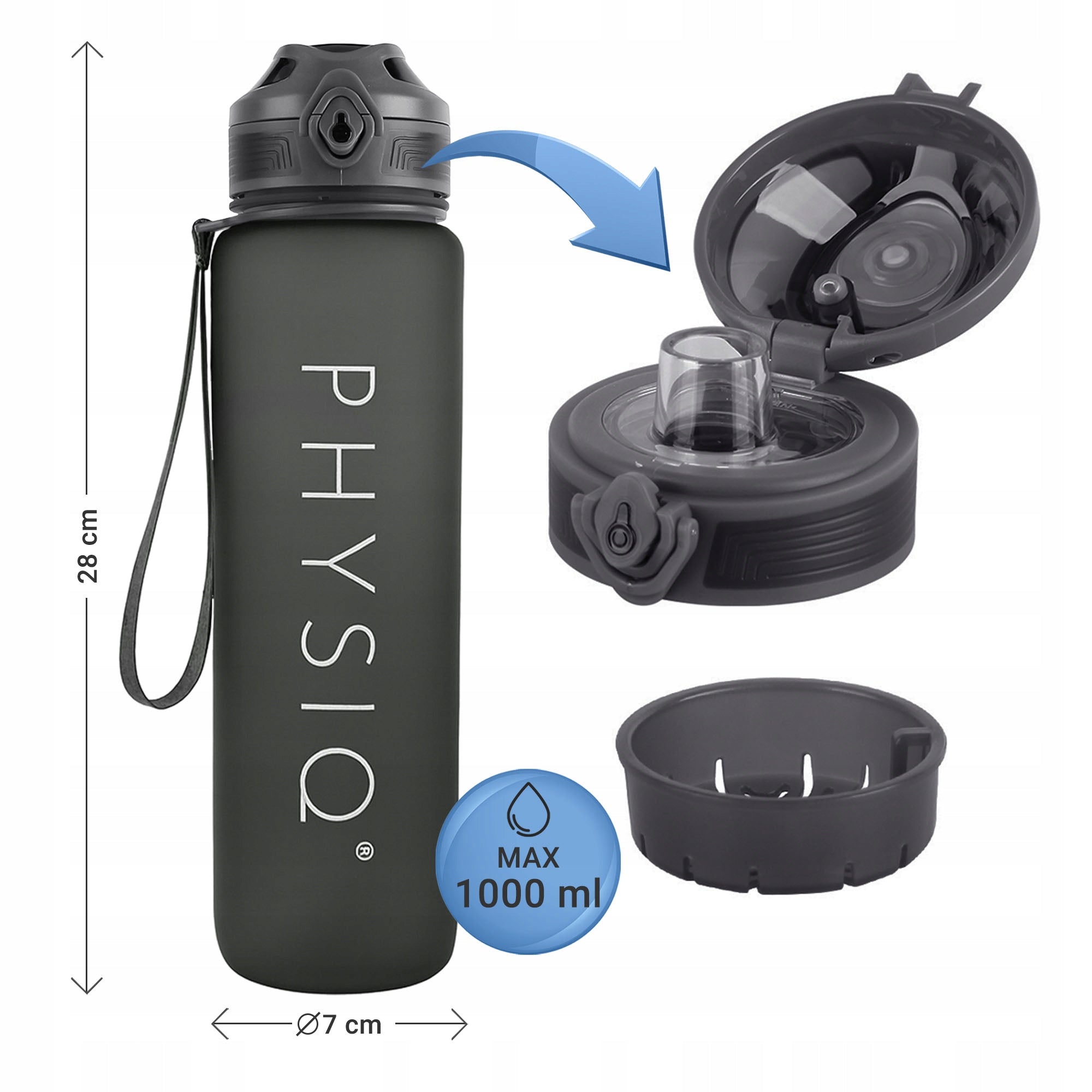 Bottle Water Bottle Tritan Airtight Sports Scoop 1000ml BPA Free GREY Manufacturer code BUTELKA NA WODĘ MOTYWACYJNA WIELORAZOWA SZARA