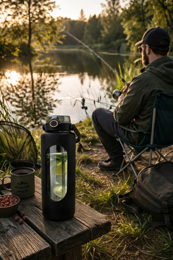 Bottle glass bottle 1.8 l for gym water with phone holder Kind bottle