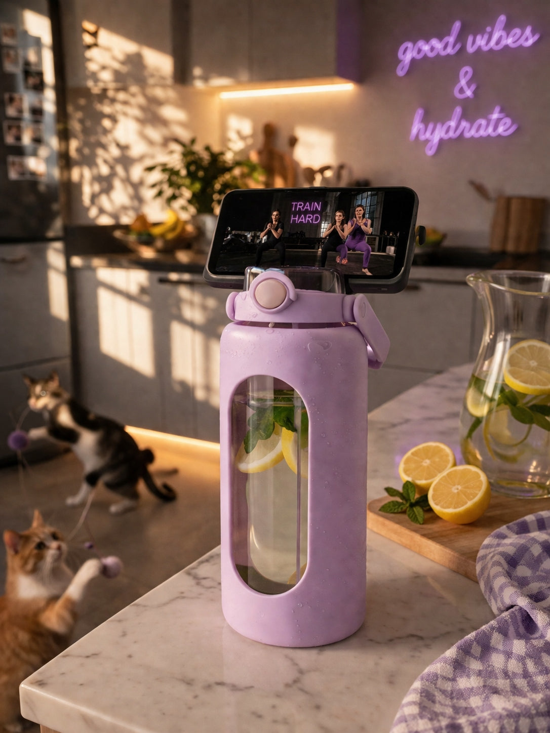 Bottle glass bottle 1.8 l for gym water with phone holder Manufacturer code OFO/6