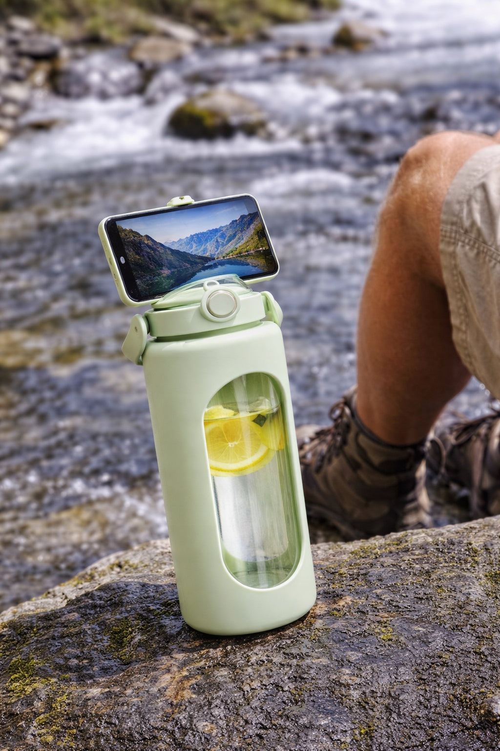 Bottle glass bottle 1.8 l for gym water with phone holder Volume 1800 ml