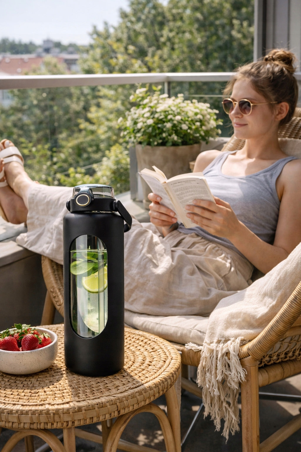 Bottle glass bottle 1.8 l for gym water with phone holder Volume 800 ml