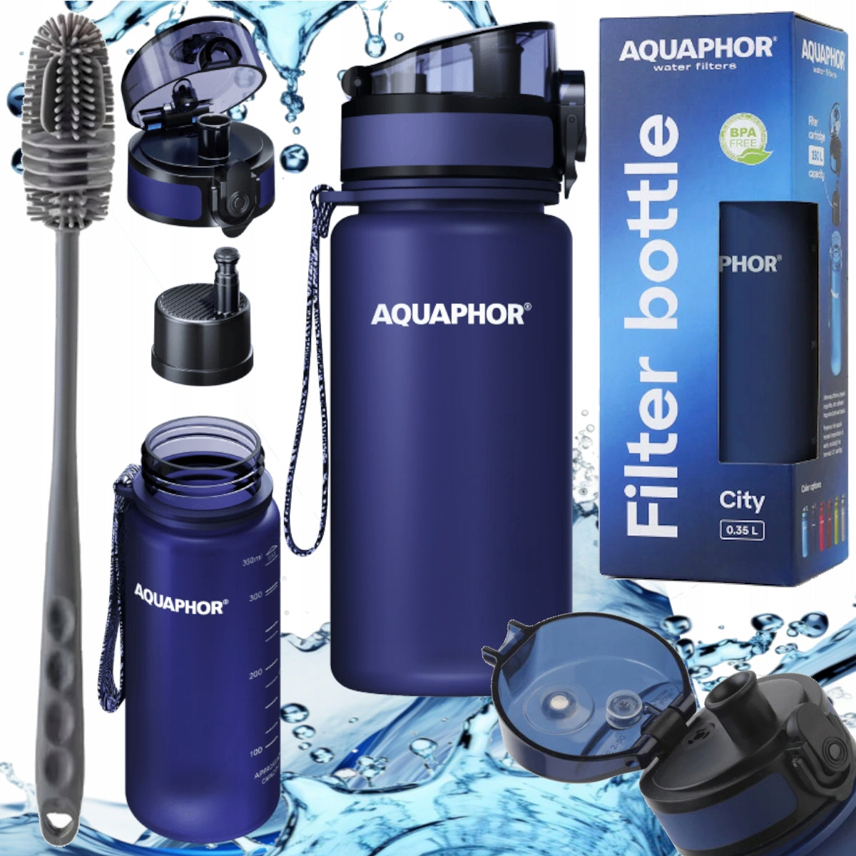 Bottle wash brush + water bottle AQUAPHOR CITY navy blue 0,35l