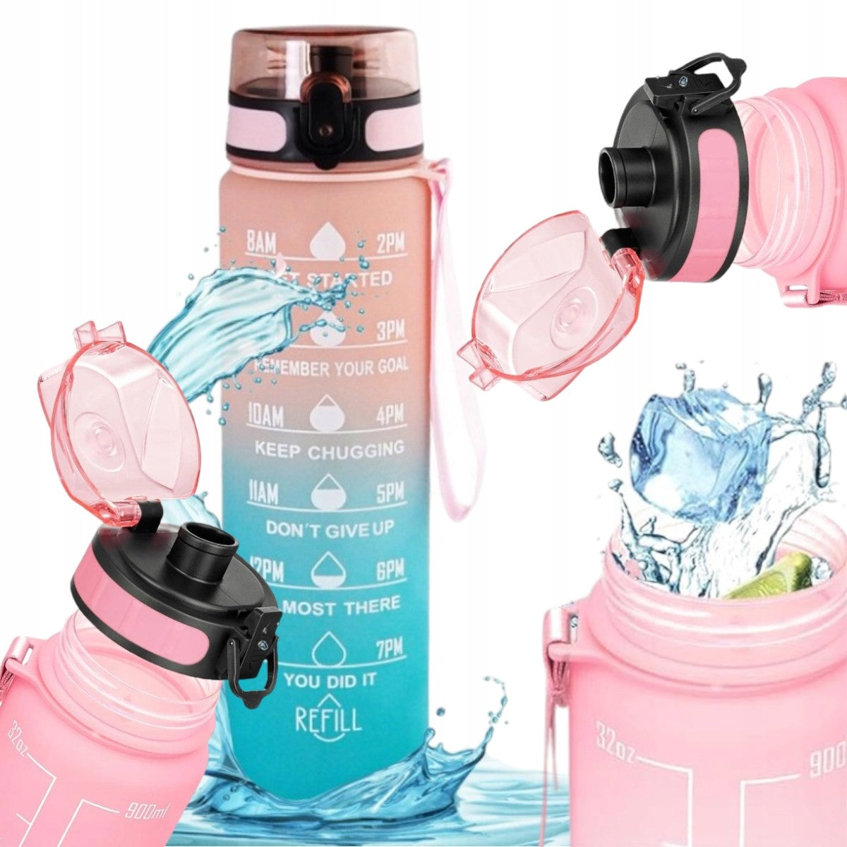 Bottle with mouthpiece for motivational water Ombre 1l Pink-blue