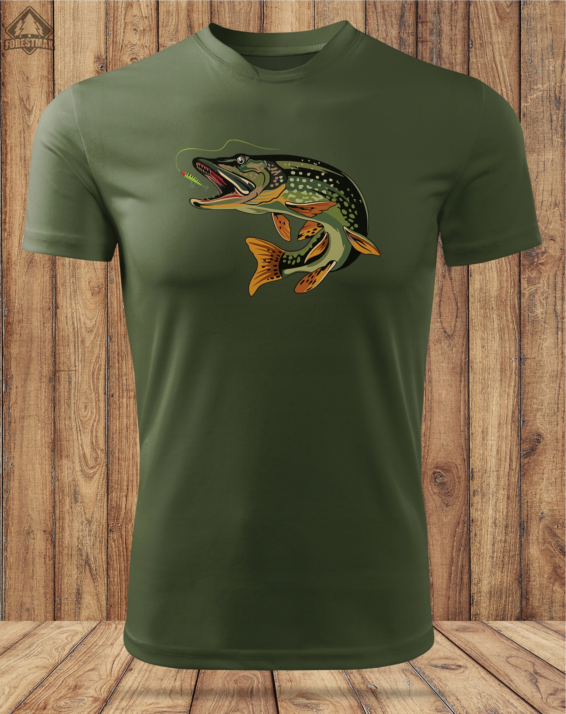 Breathable khaki thermoactive fish t-shirt large print PIKE - XXL Size XXL