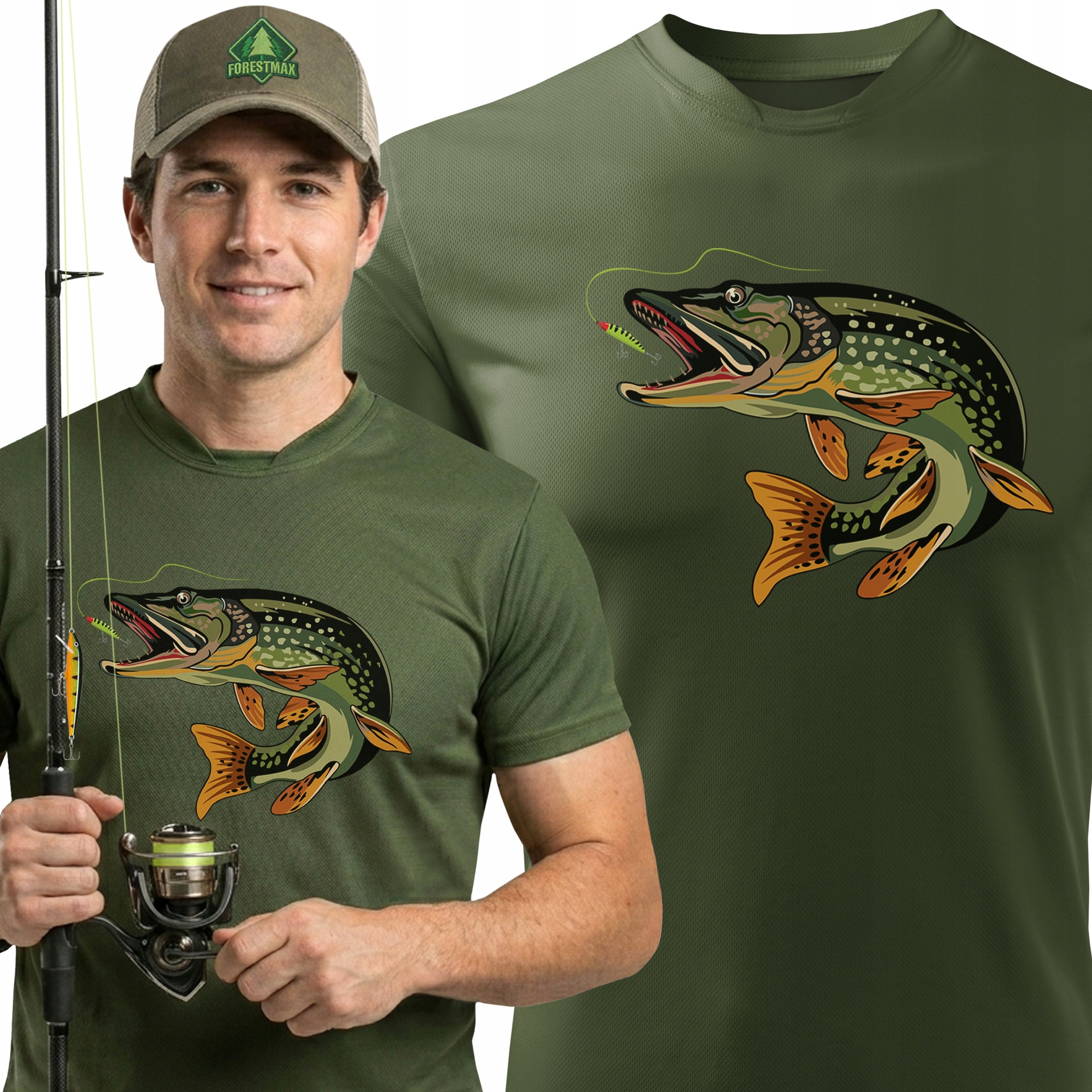 Breathable khaki thermoactive fish t-shirt large print PIKE - XXL