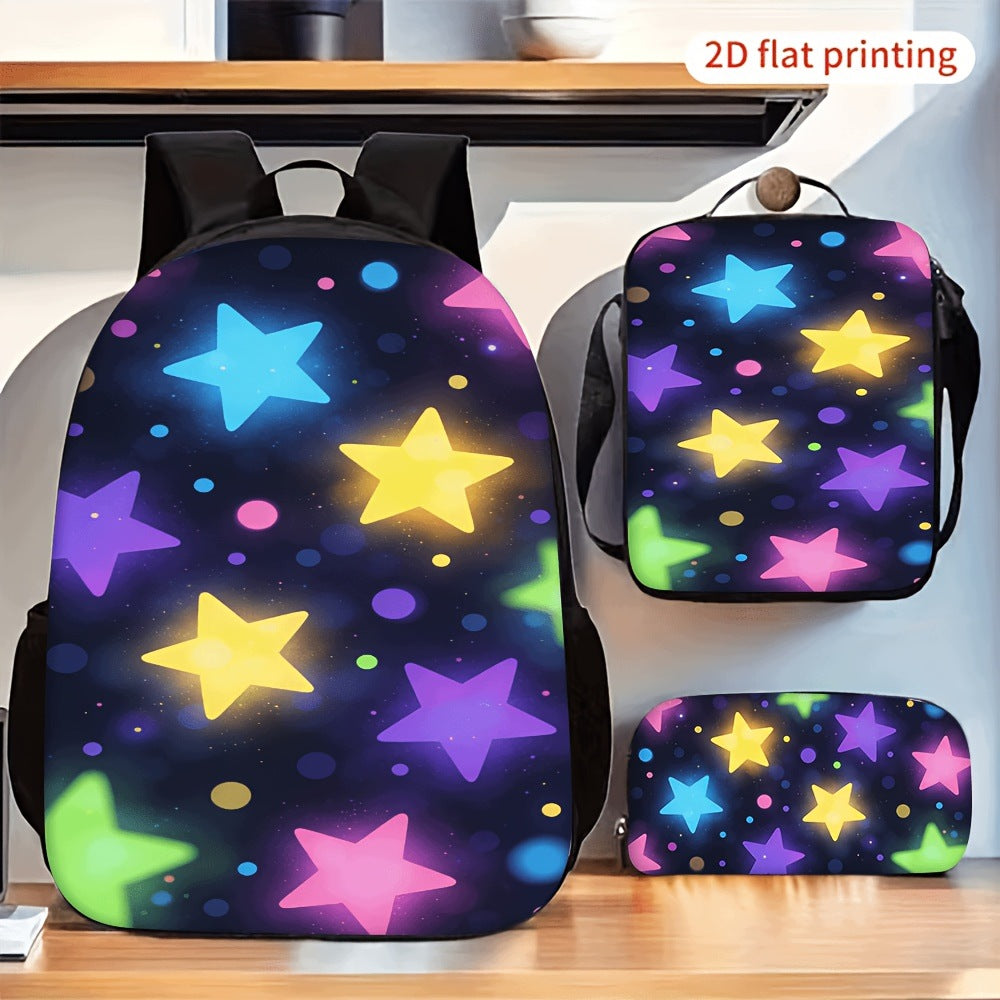 Bright Star Print 3-Piece Backpack Set with Lunch Bag and Stationery Pouch - Lightweight