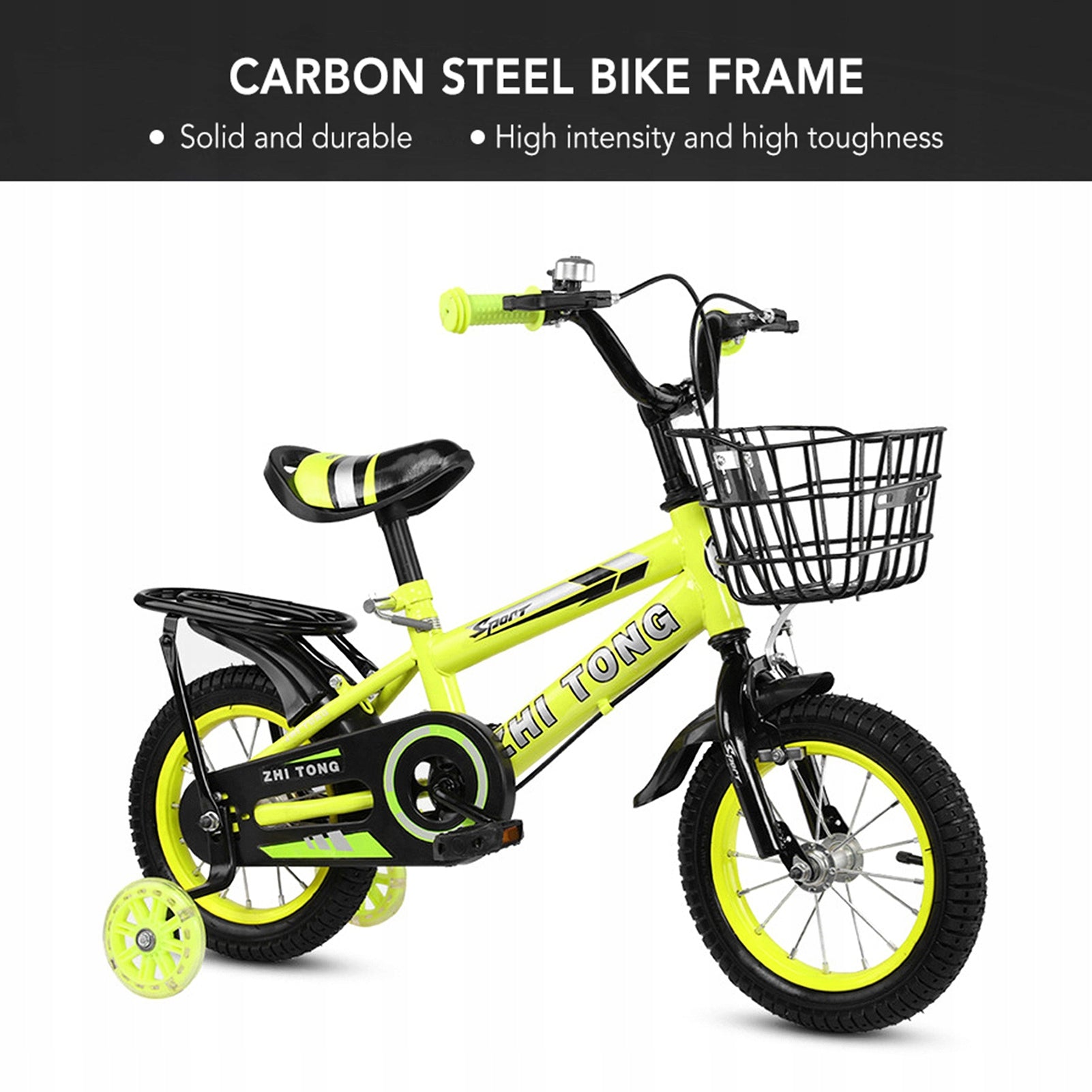 Bright yellow children's bike, suitable for outdoor riding. Kid's age 3+ years