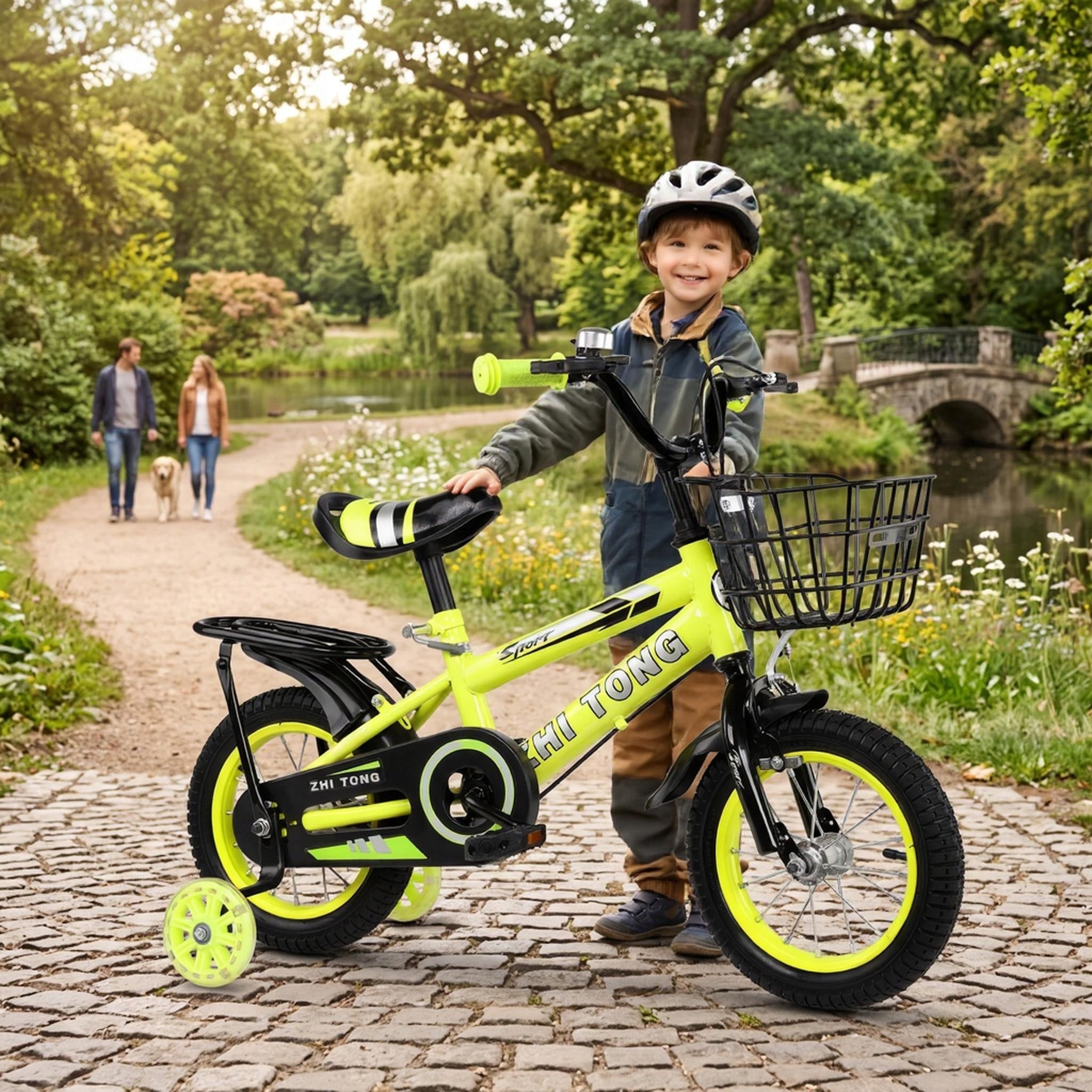 Bright yellow children's bike, suitable for outdoor riding. Packaging status original
