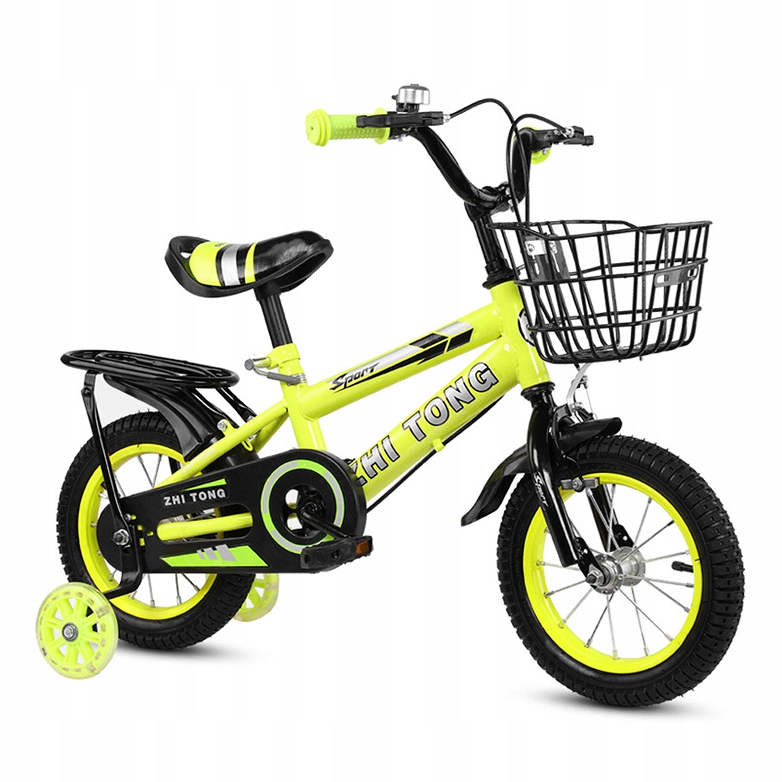 Bright yellow children's bike, suitable for outdoor riding.