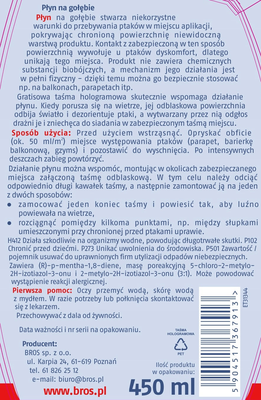 Bros Liquid for PIGEON 450ml + Deterrent tape Manufacturer code Gołębie