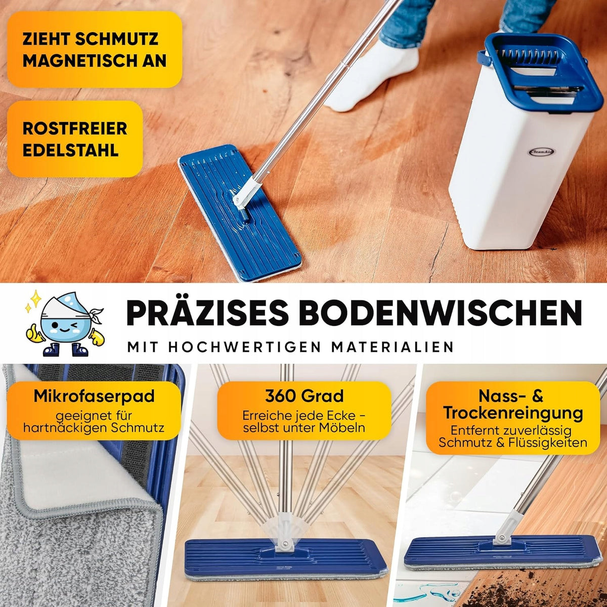 Bucket and flat mop CleanAid ideal mop for cleaning clean floor house Brand CleanAid