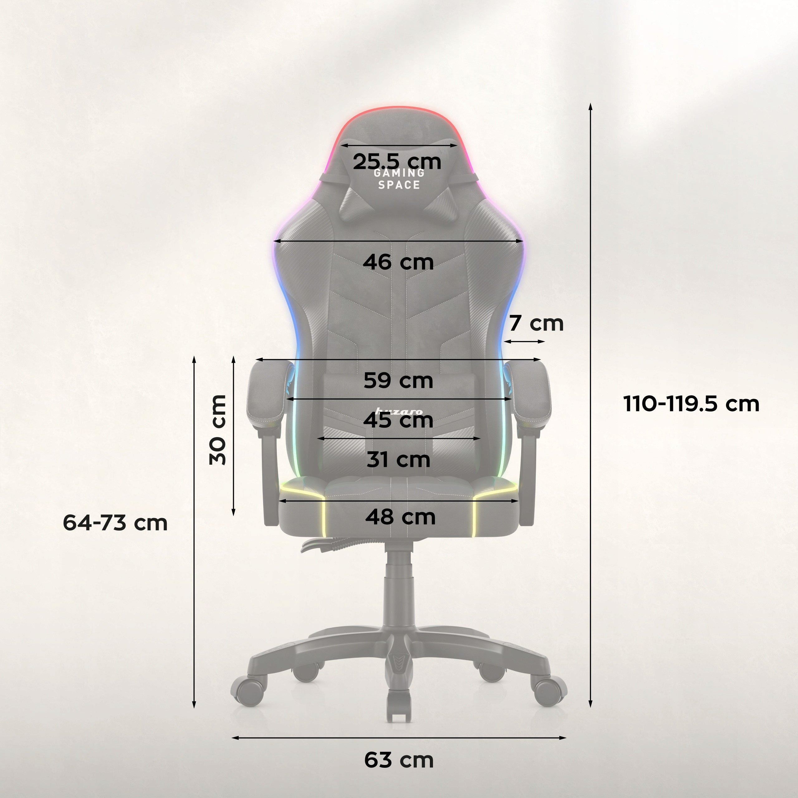 Bucket gaming chair HUZARO black RGB LED for desk computer Furniture depth 63 cm